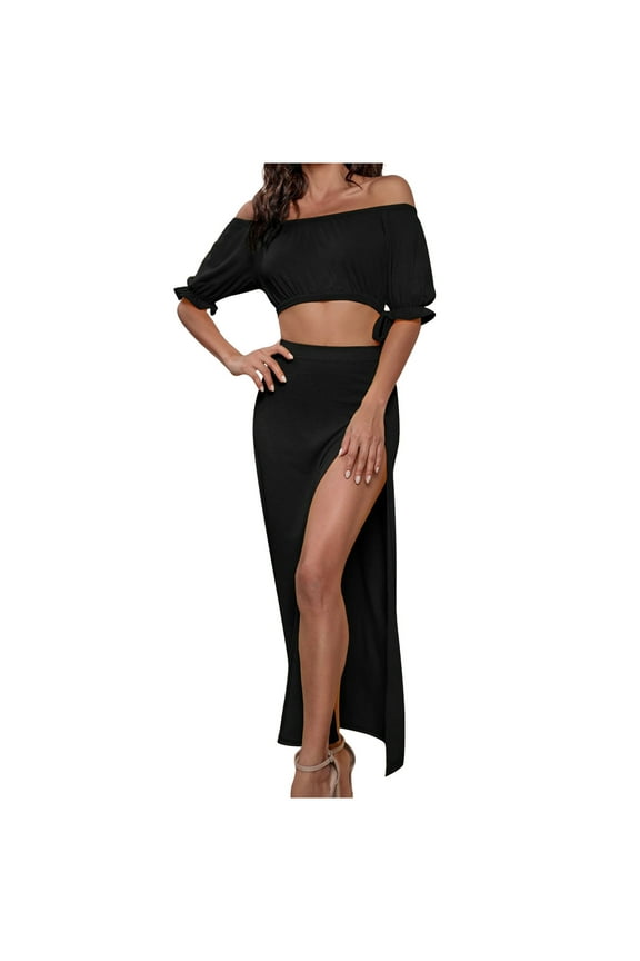 Women's Summer Vintage 2 Piece Outfit Off Shoulder Crop Top High Waist Maxi Skirt Side Slit Party Dress Skirt Sets