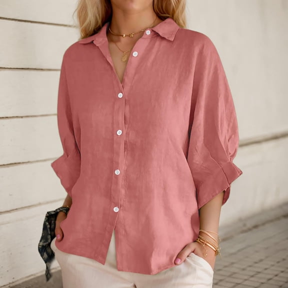Women's Summer Shirt Fashion Elegant Top Linen Long Sleeve T Shirt V Neck Shirt Belted Waist Casual Loose Shirt With Buttons Womens Blouses Button down Yoga Shirts for Women Button down Colla Shirts