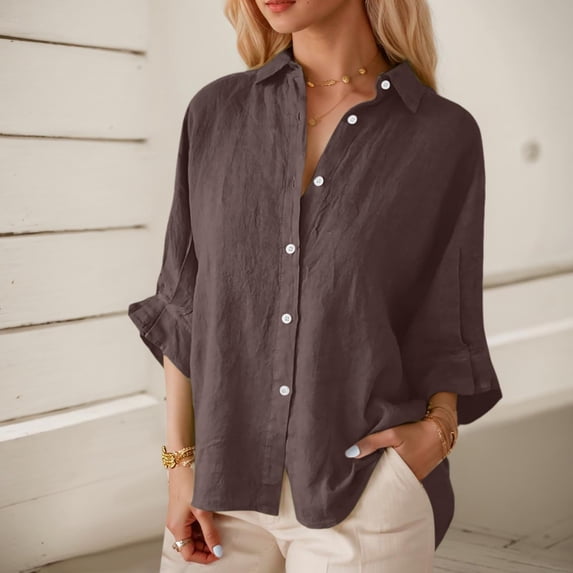 Women's Summer Shirt Fashion Elegant Top Linen Long Sleeve T Shirt V Neck Shirt Belted Waist Casual Loose Shirt With Buttons Womens Blouses Button down Yoga Shirts for Women Button down Colla Shirts