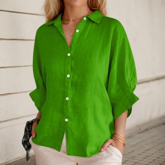 Women's Summer Shirt Fashion Elegant Top Linen Long Sleeve T Shirt V Neck Shirt Belted Waist Casual Loose Shirt With Buttons Womens Blouses Button down Yoga Shirts for Women Button down Colla Shirts