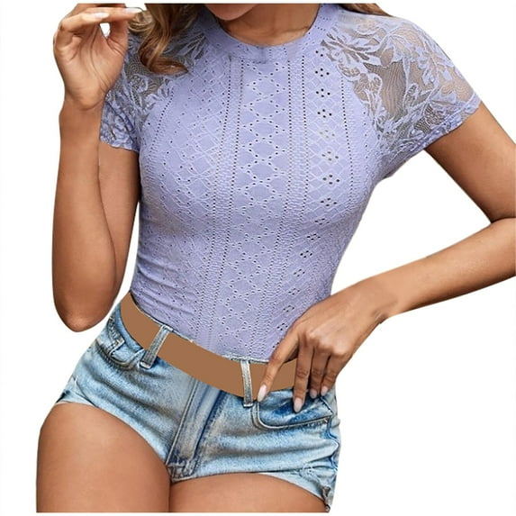 Women's Summer Shirts Eyelet Lace Short Sleeve Tees Fashion Casual Tops Going out Clothes Tunic Basic Blouses (2XL, Purple)