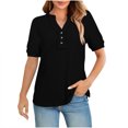 thumbnail image 1 of Women's Summer Shirts Knit Short Sleeved Waffle Top Solid Color V-Neck Button Up Henley Shirt Women Casual Loose Daily Basic Blouses Pullover Top Black XXL, 1 of 8