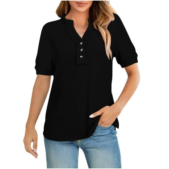 Women's Summer Shirts Knit Short Sleeved Waffle Top Solid Color V-Neck Button Up Henley Shirt Women Casual Loose Daily Basic Blouses Pullover Top Black XXL