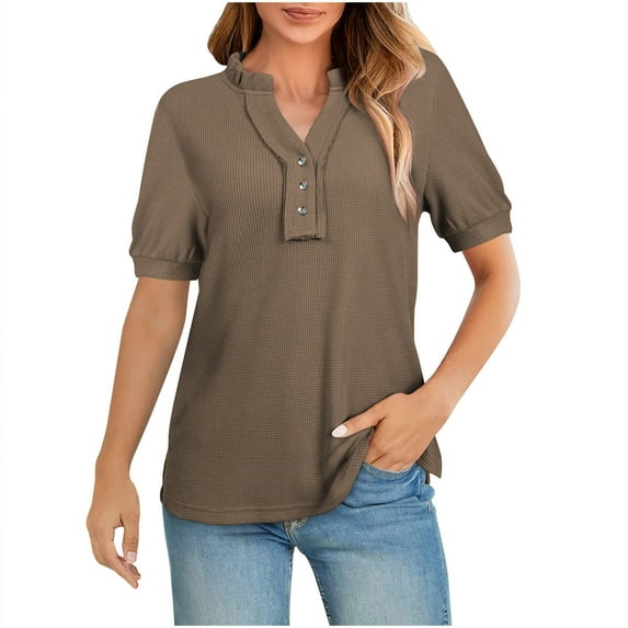 Women's Summer Shirts Knit Short Sleeved Waffle Top Solid Color V-Neck Button Up Henley Shirt Women Casual Loose Daily Basic Blouses Pullover Top Coffee L