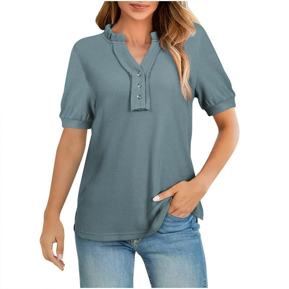 Women's Summer Shirts Knit Short Sleeved Waffle Top Solid Color V-Neck Button Up Henley Shirt Women Casual Loose Daily Basic Blouses Pullover Top Navy M