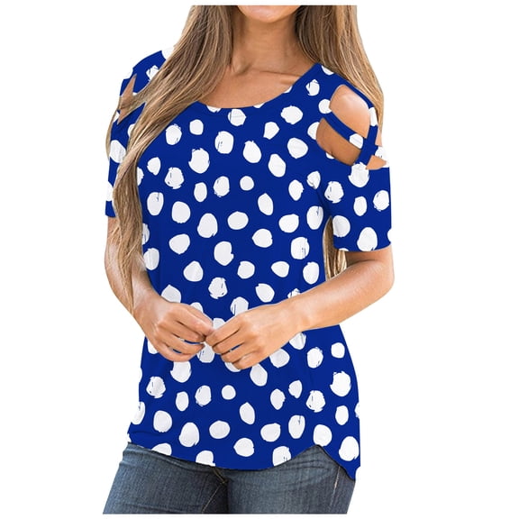Women's Summer Shirts Short Sleeve Tunic Strappy Cold Shoulder Tops Polka Dolt Pullover Fashion Casual Blouses (2XL, Blue)