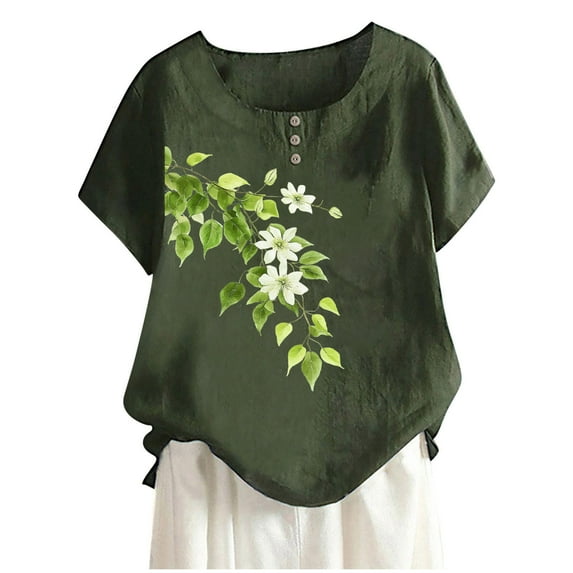 Women's Summer Shirts Trendy Crew Neck Button Floral Printed Plus Size Shirts Casual Loose Fit Basic Blouses (3XL, Army Green)