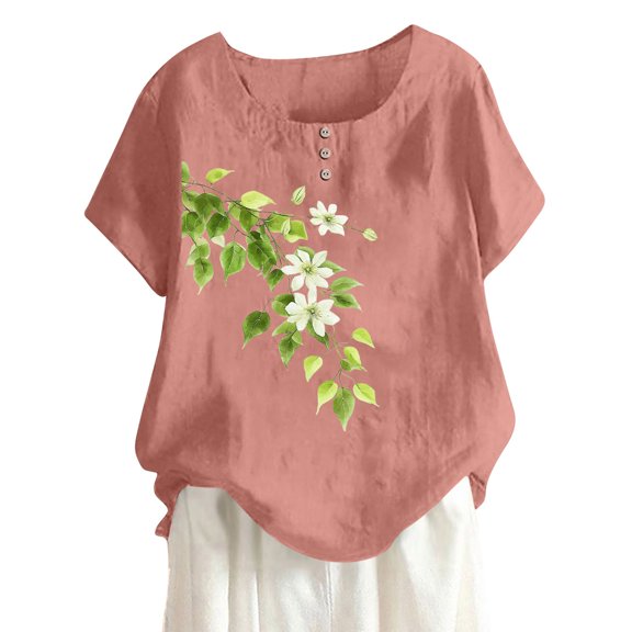 Women's Summer Shirts Trendy Crew Neck Button Floral Printed Plus Size Shirts Casual Loose Fit Basic Blouses (L, Pink)