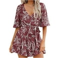 thumbnail image 1 of Women's Summer Short Flared Sleeve Romper V Neck Floral Print Jumpsuit Waist Tie Layer Ruffle Hem Dress Look Rompers, 1 of 6