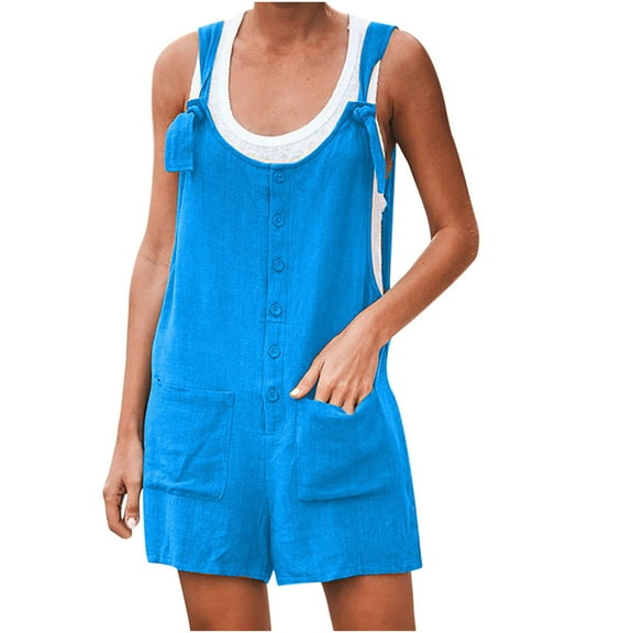 Women's Summer Short Overalls Adjustable Strap Cotton Linen Button Bib Jumpsuits Casual Loose Shortalls with Pockets