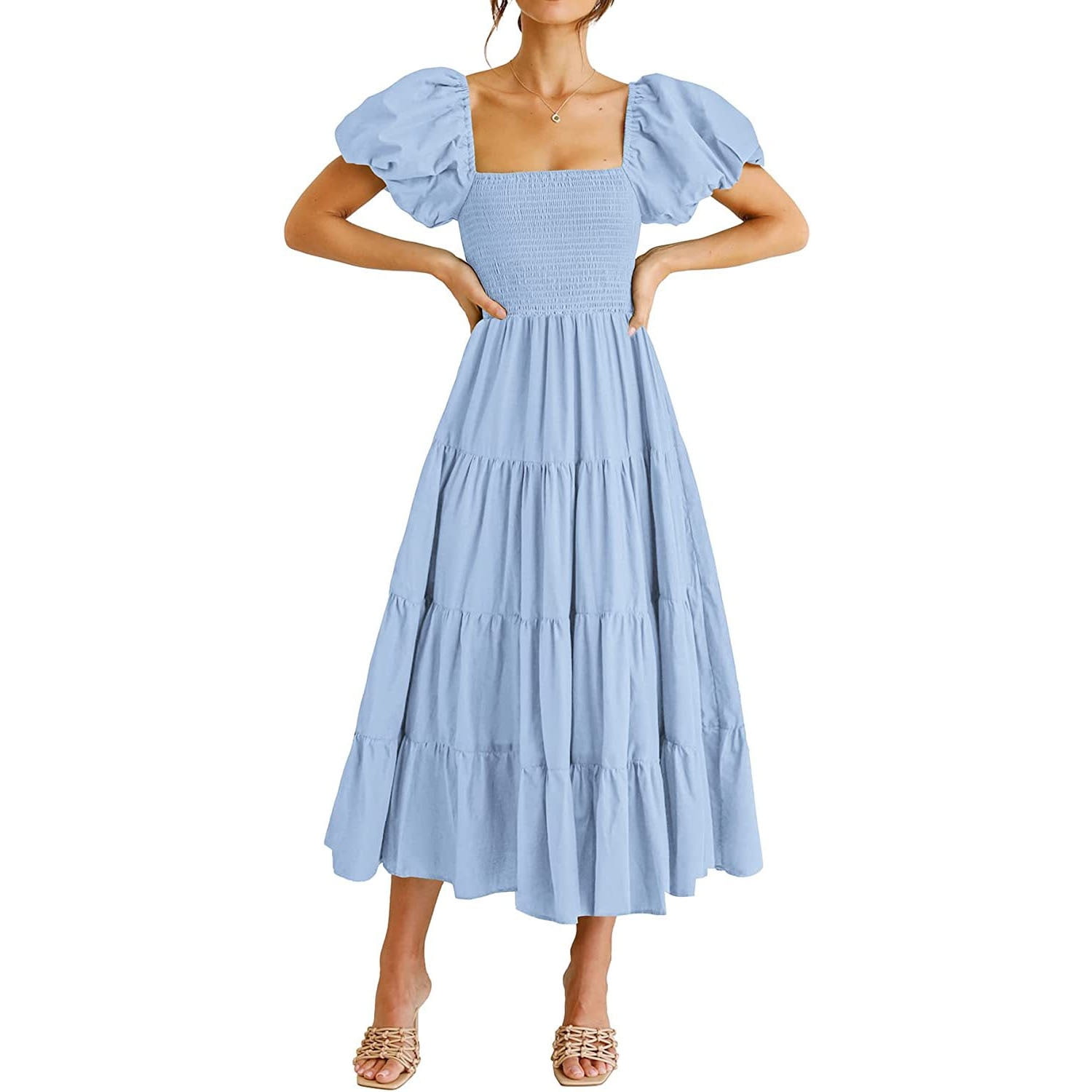 TECREW Womens Square Neck Puff Sleeve Mini Dress Summer Chiffon Swiss Dot  Flowy Smocked Dress, Blue, Small at Amazon Women's Clothing store