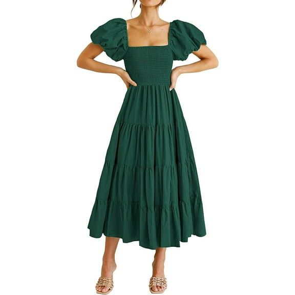 Women's Summer Short Puff Sleeve Smocked Dress Square Neck Long Dresses