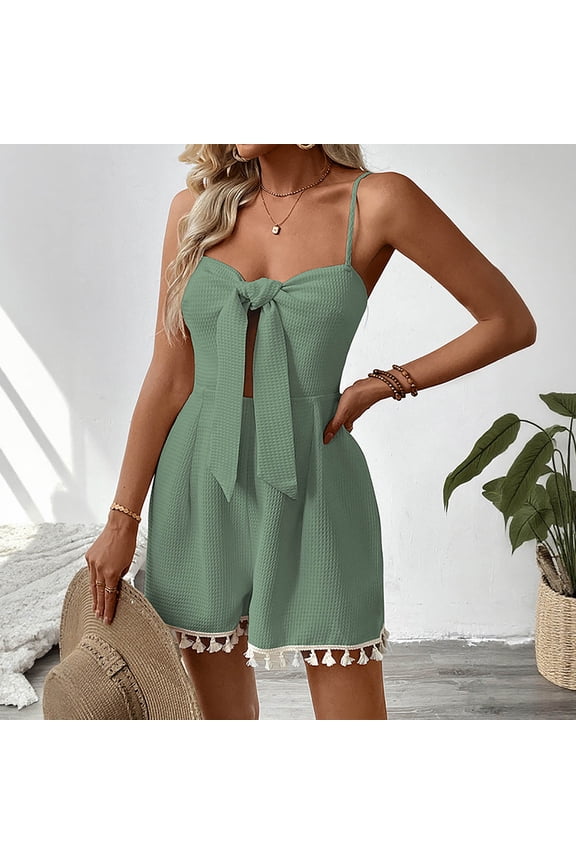 Women's Summer Short Romper Tie Front Hollow out Spaghetti Strap Jumpsuit with Tassel for Casual Summer Beach Wear Green XL
