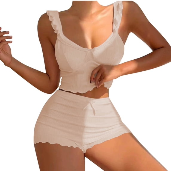 Women's Summer Short Set 2 Piece Sexy Ruffle Crop Camisole Babydoll Tops and Boxer Shorts Set