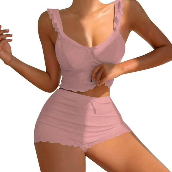 Women's Summer Short Set 2 Piece Sexy Ruffle Crop Camisole Babydoll Tops and Boxer Shorts Set