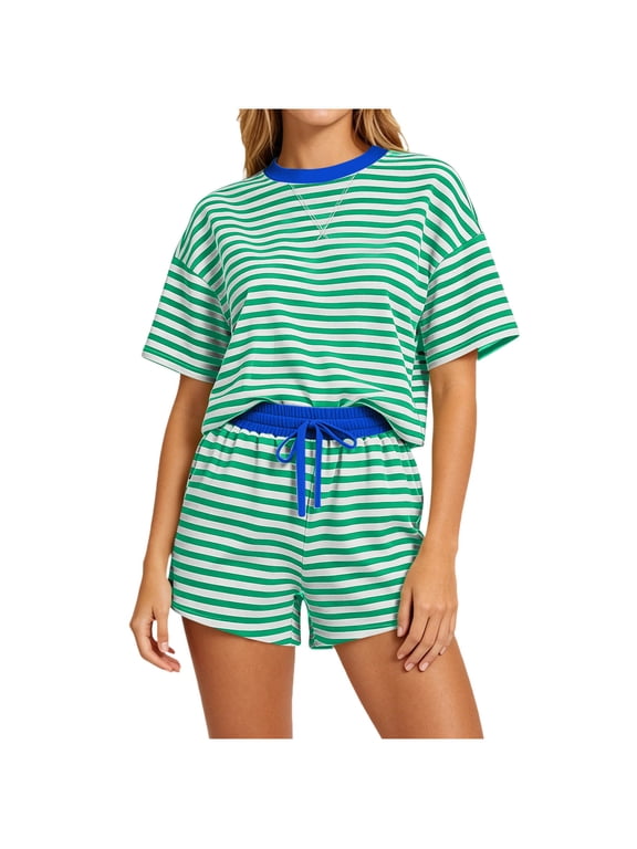 Women's Summer Short Set Striped Crewneck T-Shirt and Drawstring Shorts Soft Lounge Set Summer Casual Matching Suit Green S