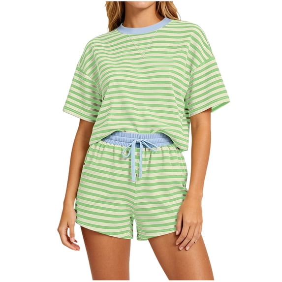Women's Summer Short Set Striped Crewneck T-Shirt and Drawstring Shorts Soft Lounge Set Summer Casual Matching Suit Olive Green L