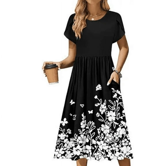 Women's Summer Short Sleeve A-Line Midi Dresses Casual Floral T-Shirt Dresses Flowy Beach Sundress with Pockets
