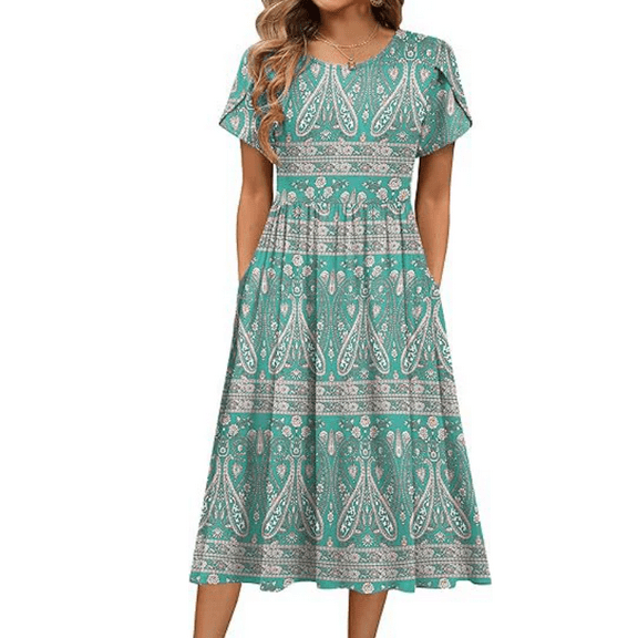 Women's Summer Short Sleeve A-Line Midi Dresses Casual Floral T-Shirt Dresses Flowy Beach Sundress with Pockets