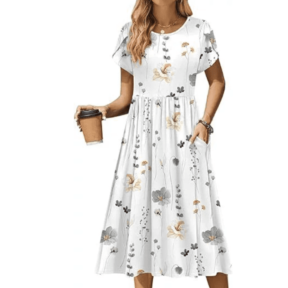 Women's Summer Short Sleeve A-Line Midi Dresses Casual Floral T-Shirt Dresses Flowy Beach Sundress with Pockets