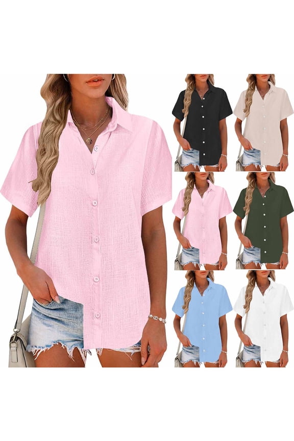Women's Summer Short Sleeve Button Up Shirt Tops Blouses Tunic Plaid Pattern Loose Fit Flared Hem Casual Daily Wear Business Office Vacation Fashion Essential Gift for Women
