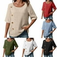 thumbnail image 1 of Women's Summer Short Sleeve Button Down Shirt Tops Blouses Tunics Round Neck Loose Fit Solid Color Soft Breathable Casual Work Office Vacation Outfits Fashion Essential Gift for Ladies, 1 of 8