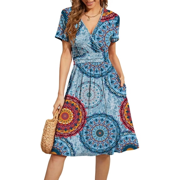 Women's Summer Short Sleeve Casual Dresses V-Neck Floral Party Dress with Pockets
