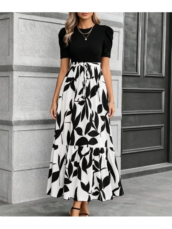 Women's Summer Short Sleeve Color Block Maxi Dress, Print Belted A-Line Casual Daily Vacation Dress