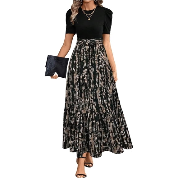 Women's Summer Short Sleeve Color Block Maxi Dress, Print Belted A-Line Casual Daily Vacation Dress