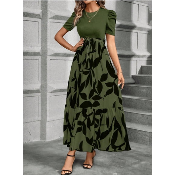 Women's Summer Short Sleeve Color Block Maxi Dress, Print Belted A-Line Casual Daily Vacation Dress