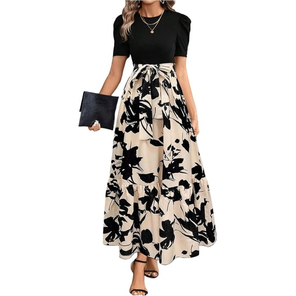 Women's Summer Short Sleeve Color Block Maxi Dress, Print Belted A-Line Casual Daily Vacation Dress