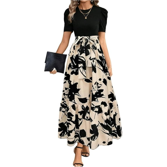 Women's Summer Short Sleeve Color Block Maxi Dress, Print Belted A-Line Casual Daily Vacation Dress