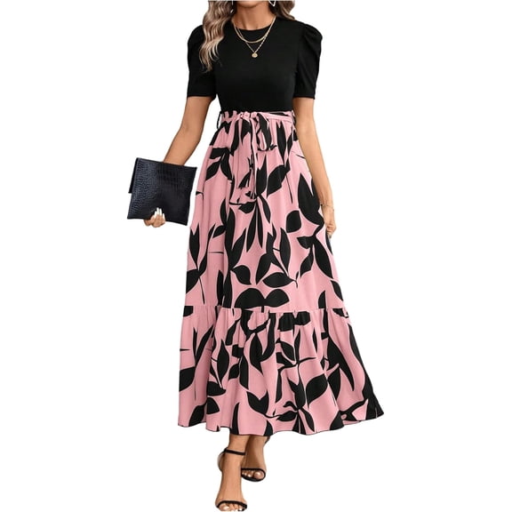 Women's Summer Short Sleeve Color Block Maxi Dress, Print Belted A-Line Casual Daily Vacation Dress