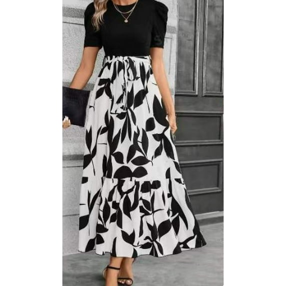 Women's Summer Short Sleeve Color Block Maxi Dress, Print Belted A-Line Casual Daily Vacation Dress