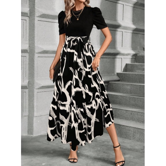 Women's Summer Short Sleeve Color Block Maxi Dress, Print Belted A-Line Casual Daily Vacation Dress