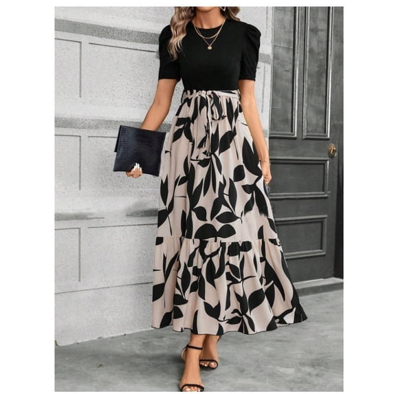 Women's Summer Short Sleeve Color Block Maxi Dress, Print Belted A-Line Casual Daily Vacation Dress