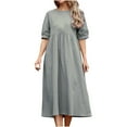 thumbnail image 1 of Women's Summer Short Sleeve Cotton Linen Dress Round Neck High Waist Solid Loose Dress, 1 of 5
