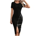 thumbnail image 1 of Women's Summer Short Sleeve Crew Neck Midi Dress PU Leather Zipper Split Bodycon Dresses Black, 1 of 7