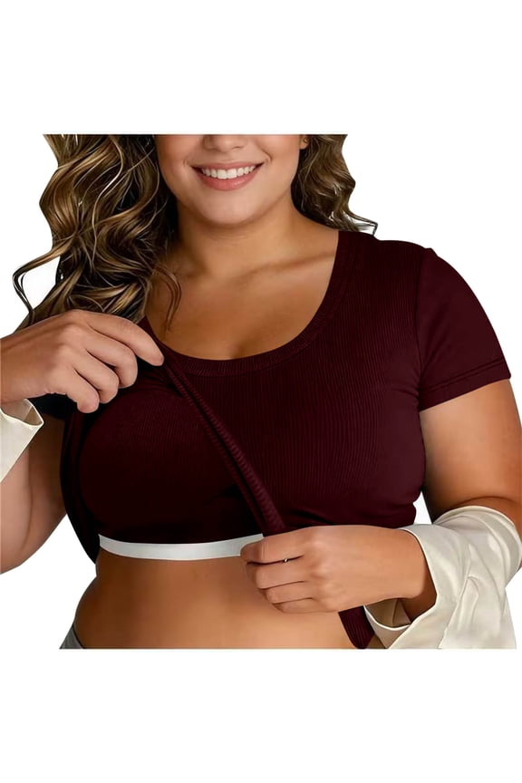 Women's Summer Short Sleeve Crewneck T Shirts with Built-in Shelf Bra Ribbed Knit Slim Fit Casual Basic Tops