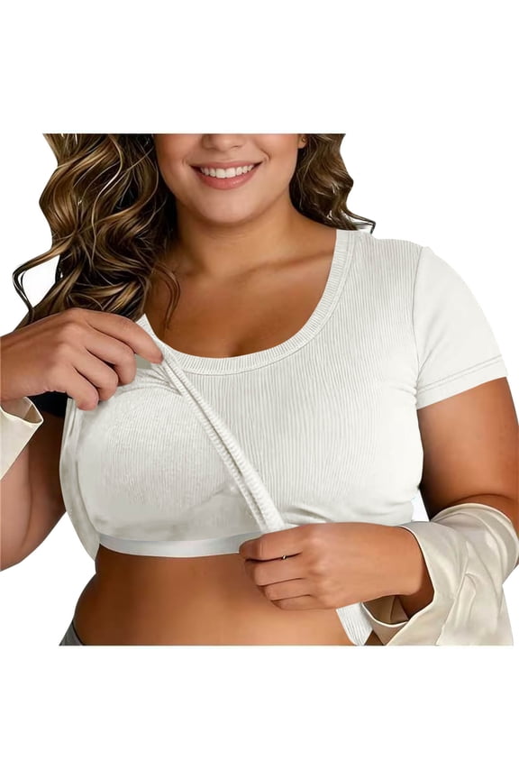 Women's Summer Short Sleeve Crewneck T Shirts with Built-in Shelf Bra Ribbed Knit Slim Fit Casual Basic Tops