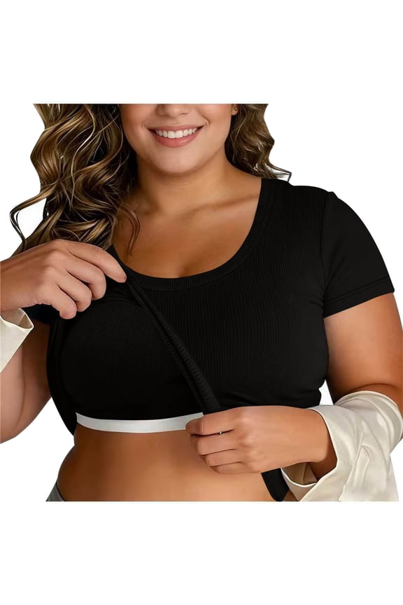 Women's Summer Short Sleeve Crewneck T Shirts with Built-in Shelf Bra Ribbed Knit Slim Fit Casual Basic Tops