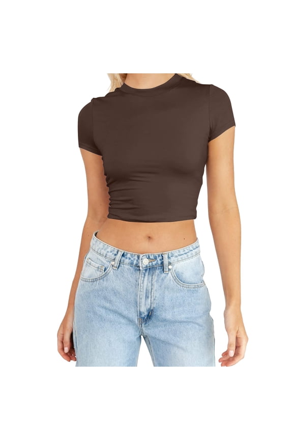 Women's Summer Short Sleeve Crop Top Casual Crewneck Slim Fit Basic Tee Shirt