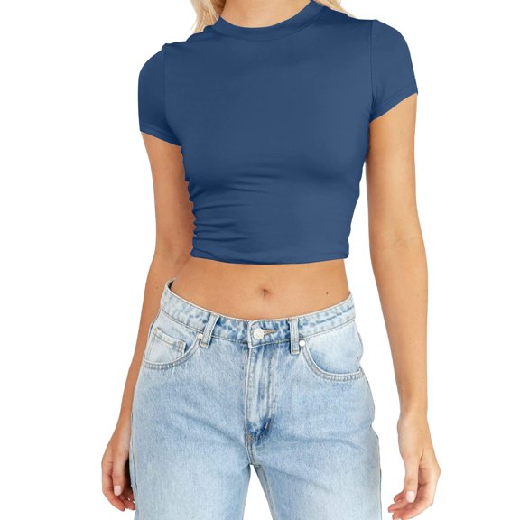 Women's Summer Short Sleeve Crop Top Casual Crewneck Slim Fit Basic Tee Shirt