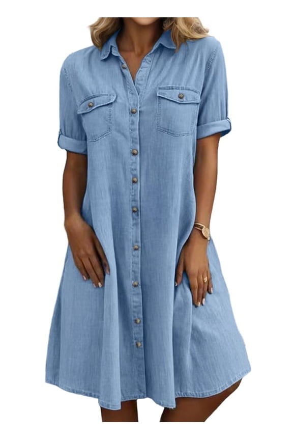 Women's Summer Short Sleeve Denim Shirt Dress Business Casual Button Down Midi Long Jean Dress