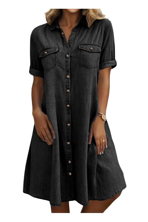 Women's Summer Short Sleeve Denim Shirt Dress Business Casual Button Down Midi Long Jean Dress