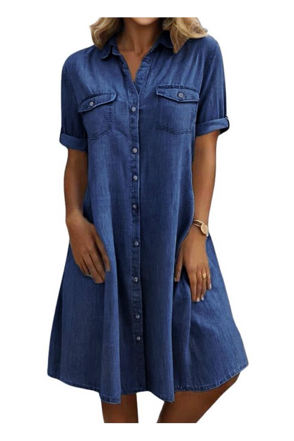 Women's Summer Short Sleeve Denim Shirt Dress Business Casual Button Down Midi Long Jean Dress