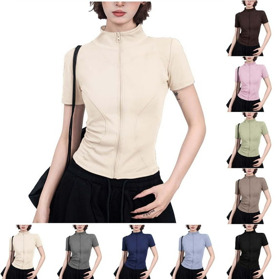 Women's Summer Short Sleeve Half High Neck T-Shirt Tops Blouses Casual Waist Cinching Front Shoulder Drying Solid Color Sports Yoga Workout Running Gym Fitness Outfits | Sopatenor,Blue XL