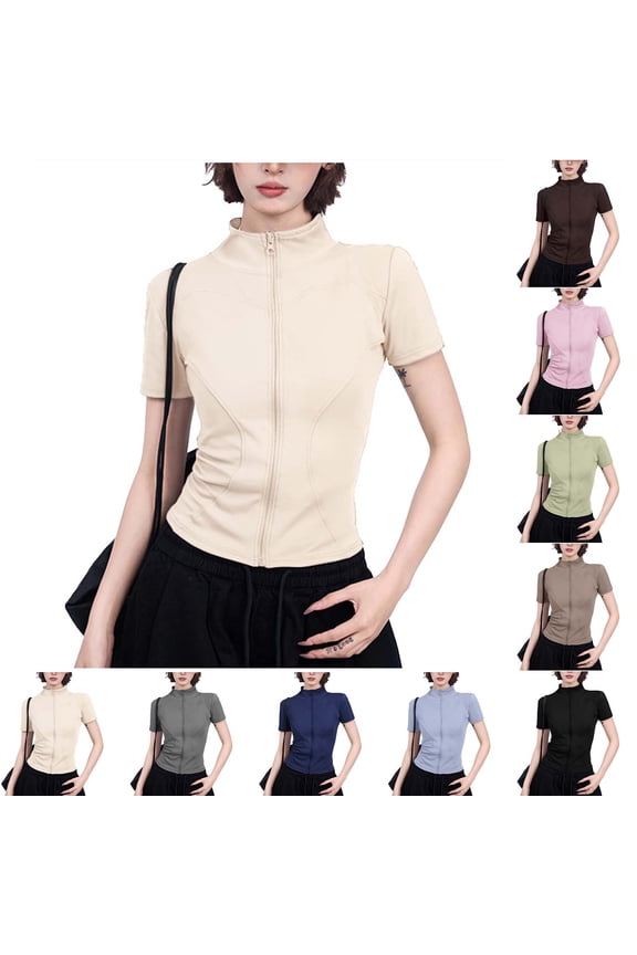 Women's Summer Short Sleeve Half High Neck Yoga Top T-Shirts Tees Casual Loose Fit Solid Color Sports Athletic Workout Tank Cinching Waist Front Shoulder Drying Fashion Essential for Women