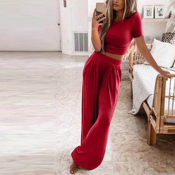 Women's Summer Short Sleeve Knit Suit Crewneck T-Shirt Tops Wide Leg Long Pants Loungewear Comfortable Ribbed Knitted Homewear Two-Piece Outfits Red XXL