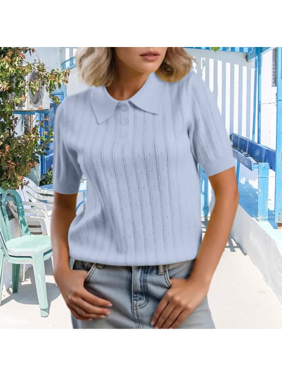 Women's Summer Short Sleeve Knit Sweater,Pointelle Pattern Collared Sweater Top,Lightweight Breathable Button Front Knit Top for Jeans,Skirts,Office,Transitional Weather,Daily Casual Sky Blue S